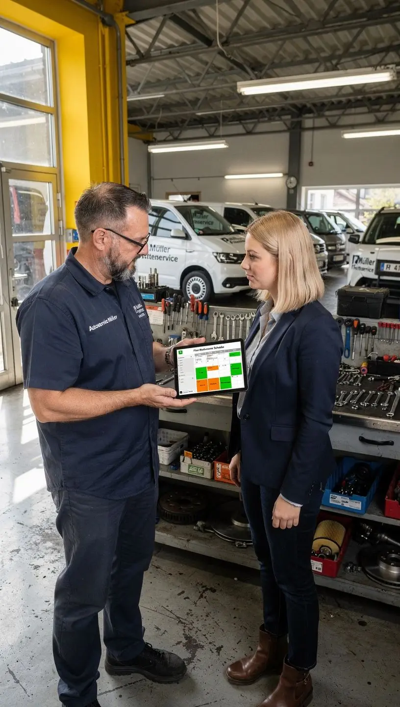 Techniker führt präzise Inspektion an Lieferwagen durch, unterstützt von softwaregestütztem Terminmanagement für kleine Unternehmen.